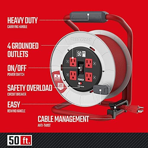 CRAFTSMAN 50 Ft. Contractor Edition Retractable Cord Reel, 4 Outlets