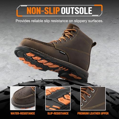 NINGO Steel Toe Work Boots for Men, Non Slip Mens Safety Moc Toe Work Shoes