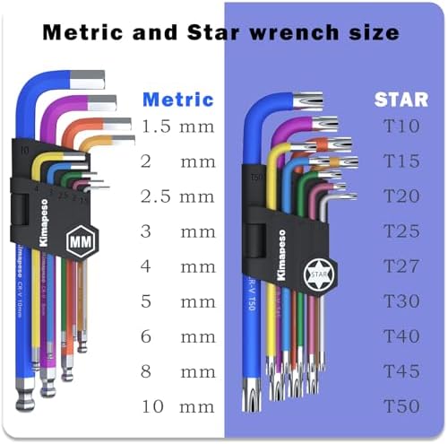 18 PCS Allen Key Set Torx and Metric Allen Wrenches Set Long Arm Ball End with T-Handle L-Hex Key Set Metric Hex Key Set 1.5 to 10mm Torx Star Key Set T10 to T50