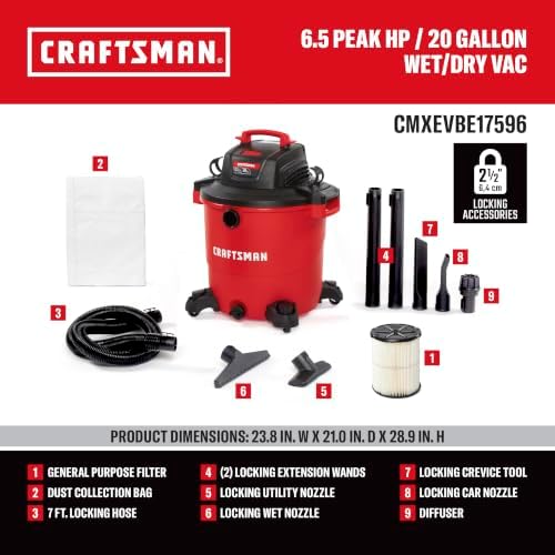 CRAFTSMAN CMXEVBE17596 20 Gallon 6.5 Peak HP Wet Dry Shop Vacuum
