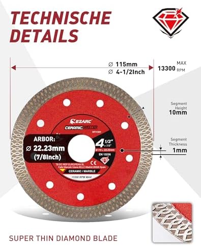 EZARC 4-1/2" Super Thin Diamond Tile Blade, 7/8"-20mm-5/8 Arbor, 5-Pack