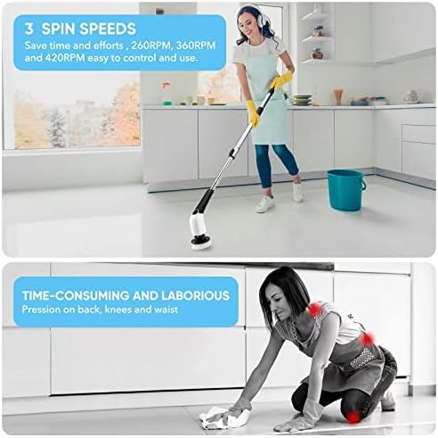 Electric Spin Scrubber, Cordless Cleaning Brush Power Shower Scrubber Long Handle Extendable Handheld Electric Scrubber for Bathroom Floor Tub Tile with 8 Replaceable Brush Heads & Hook
