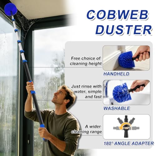 Buyplus 30FT Reach Solar Panel Cleaning Brush Kit with 5-24FT Telescoping Pole, Water Fed Window Cleaner Tool with 20" Brush, Soap Dispenser, Cobweb Duster, Squeegee for Roof, RV, Gutter, Deck,Blue