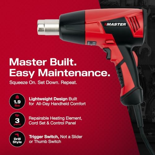 Master Appliance Proheat PH-1200A Professional Industrial Electric Heat Gun - Adjustable Temperature & Airflow, Up to 1200F, Quick Change Heating Element, 1560W, 13A, 120V, Engineered in the USA