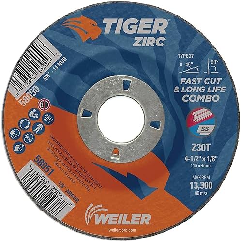Weiler 58051 4-1/2" x 1/8" Tiger Zirc Type 27 Cut and Grind Combo Wheel, Z30T, 7/8" A.H. (Pack of 25)