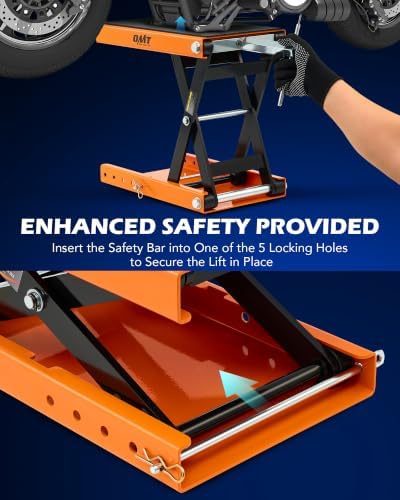 OMT Motorcycle Lift, 1100lb Crank Hoist Stand with T Handle, 3/8" Socket | Orange Scissor Lift Jack; Center Stand With Wide Deck; Chain Brush Included; Ideal For ATV, Dirt Bike, Cruiser Maintenance