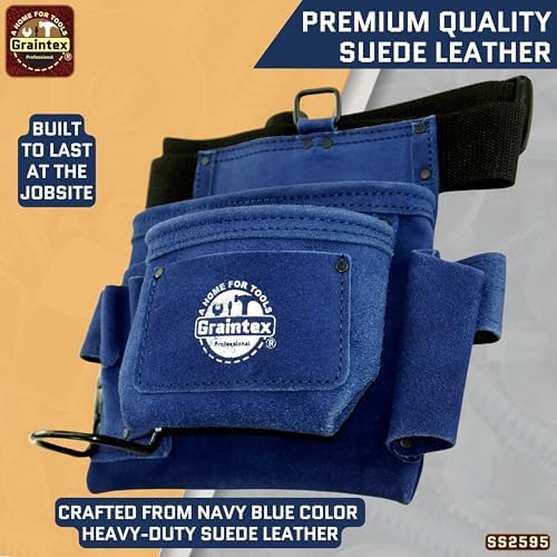 Graintex 5 Pocket Suede Leather Tool Belt/Bag, Multipurpose Leather Tool Belt for Women and Men, Ideal for Construction, Electrician, Handymen, Carpenter, Gardening Pouch & DIY Projects