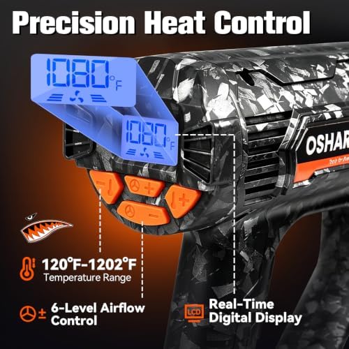 OSHARK Heat Gun for Vinyl Wrap/Window Tint/PPF, Digital LCD, Variable Temperature Heavy Duty Hot Air Gun, 2000W 122℉-1202℉ Memory Function for Auto Film Wrapping, Paint Remover, Heat Shrink and Crafts