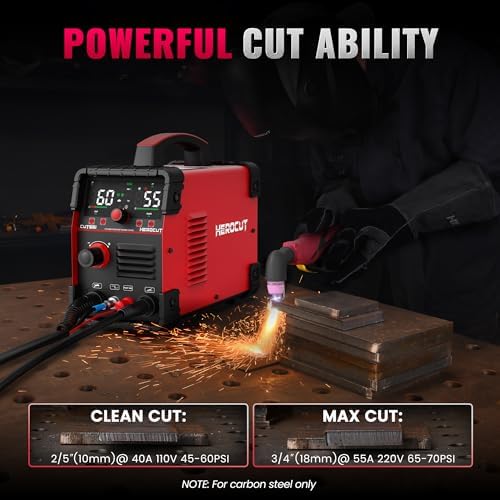 Plasma Cutter, 55Amps HEROCUT Plasma Cutter Machine CUT55i, Non-Touch Pilot Arc, 110/220V Dual Voltage IGBT Inverter, Screen Display, Air Sensor, 1/2'' Clean Cutting Thickness, 2T/4T for Beginners DIY