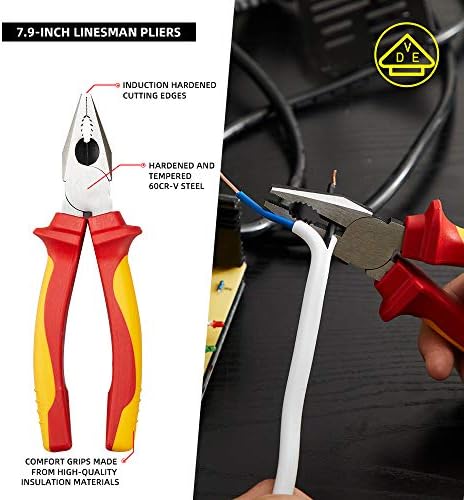 AKM 4-Piece 1000V VDE Insulated Tools Set - Pliers Set With Tongue & Groove, Diagonal Cutting, Long Nose, and Linesman Pliers