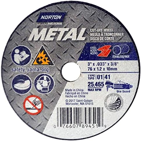 Norton 7660789451 3X.035x3/8 in. Metal AO Small Diameter Reinforced Cut-Off Wheels, Type 01/41, 60 Grit, 25 Pack