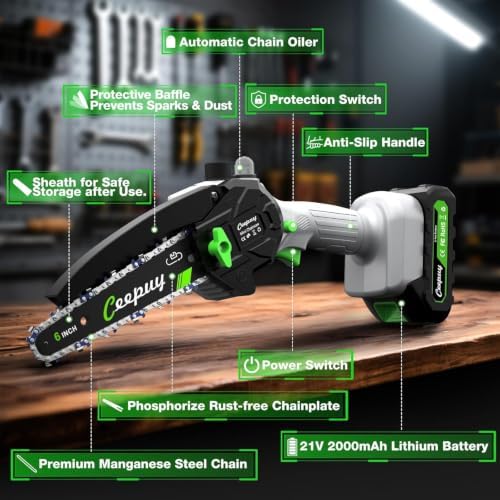 CEEPUY Mini Chainsaw, 6 Inch Portable Electric Chainsaw with 2 Batterys/Automatic Oiler/Security Lock/Powered Small Handheld Saw for Trees Branches Trimming