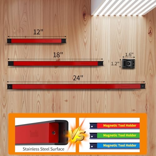 24" Magnetic Tool Holder Strip, 6 Pieces Red Metal Tool Organizer Rack with Stainless Steel Surface, Magnet Bar for Garage Workshop, Easy To Install with Mounting Screws