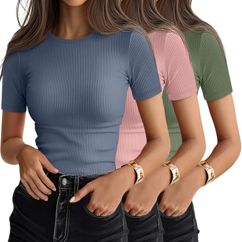 Ficerd 3 Pack Women's Ribbed Short Sleeve T-Shirts