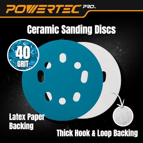 POWERTEC PRO 100PK, 5 Inch Sanding Discs Hook and Loop, 40 Grit, Ceramic Orbital Sander Sandpaper for 5 & 8 Hole Random Orbital Sanders - Automotive, Paint, Metal, Woodworking (45304C-50-P2)