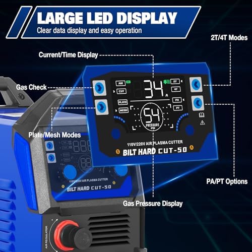 BILT HARD Plasma Cutter, 50A Plasma Cutting Equipment, Non Touch Pilot Arc, 110V/220V Dual Voltage, Digital Display Screen, DC Inverter IGBT Plasma Cutter Machine for Beginners
