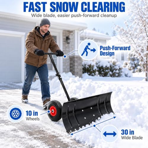 30 inch Snow Pusher with Wheels, Metal Snow Shovel for Driveway