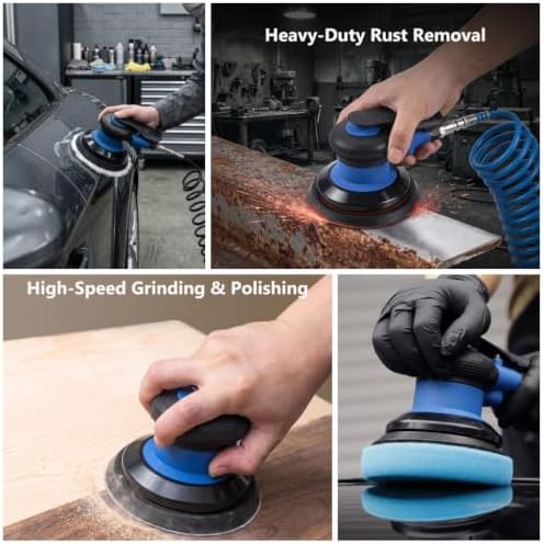 Random Orbital Air Sander 5 Inch, 13,000 RPM Pneumatic DA Palm Sander with Polishing Buffing Pads & Sanding Discs, Air Powered Polisher for Auto Body Repair, Wood, Composites and Metal Sanding