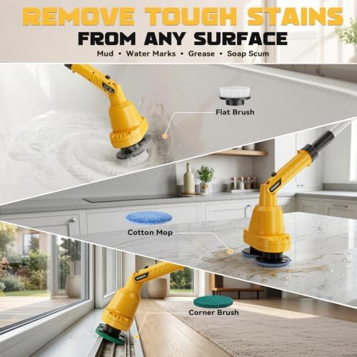 NATBEESY Electric Spin Scrubber Kit, Cordless Battery Electric Mop, Dual-Head Power Scrubber, 680/1200 RPM, 45° Adjustable Head, Extendable Handle for Tile, Tub, Floor, Bathroom
