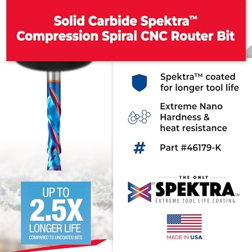Amana Tool Spektra Extreme Tool Life Solid Carbide CNC Compression Spiral Router Bit, 46179-K, 3/8 D x 1-5/8 CH x 3/8 Shank x 3-1/2 Inch Long 2 Flute