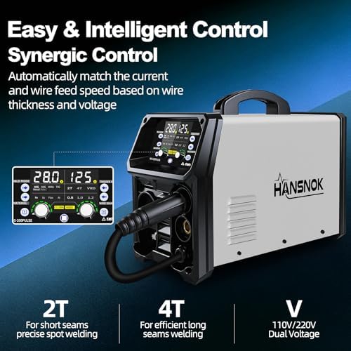 200A Aluminum Pulsed MIG Welder,5 in 1 Welder Machine Pulse MIG/Gas MIG/Gasless Flux Core MIG/Stick/Lift TIG/110v/220v Dual Voltage Large LED Display with 2T/4T Synergic Multiprocess Welding Machine