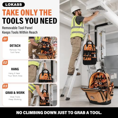 LOKASS 18.1-Inch Heavy-Duty Tool Backpack, 75 Pockets, Brown