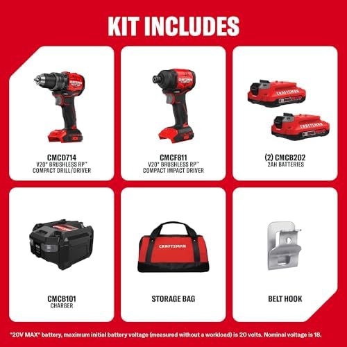 CRAFTSMAN V20 Brushless RP Drill Driver and Impact Driver Compact 2 Tool Combo Kit With 2 x 2ah Battery and Charger, 1900 RPM Power Drill, 2100 Torque Cordless Impact (CMCK1411D2)