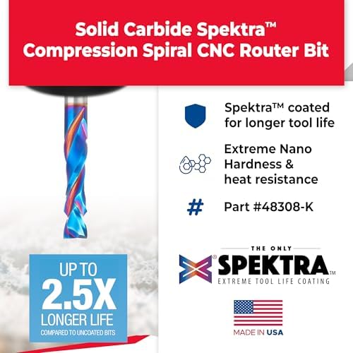 Amana Tool Spektra Extreme Tool Life Coated Solid Carbide CNC Compression Spiral Router Bit, 48308-K, 8mm D x 32mm CH x 8mm Shank x 71mm Long