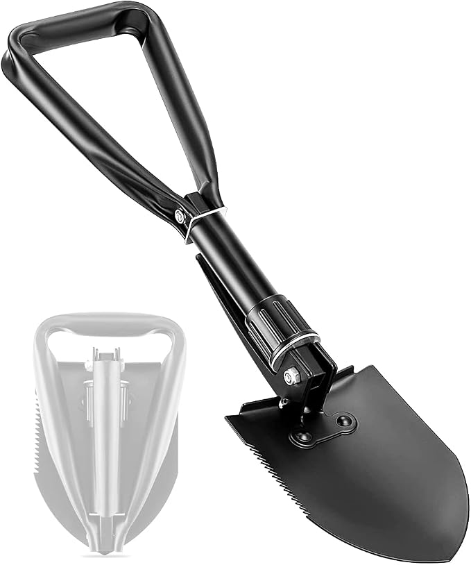 Large Folding Shovel, Overall Length 24Inches, Foldable Design with Portable Bag, Made of Durable Materials, Serrated Edge, for Camping, Hiking, Gardening, Fishing & Emergencies (Black)