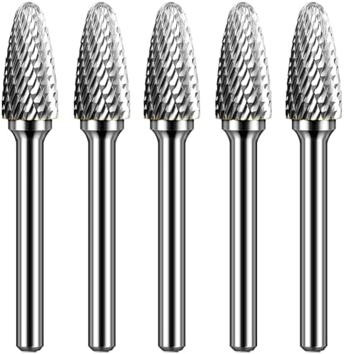 Carbide Burr Set 1/4" Shank SF-3 Die Grinder Bits Tungsten Double Cut Burr Bits (3/8" Cutter Dia X 0.84" Cutter Length) for Die Grinder Kits Metal Grinding Drilling Polishing (5pcs)