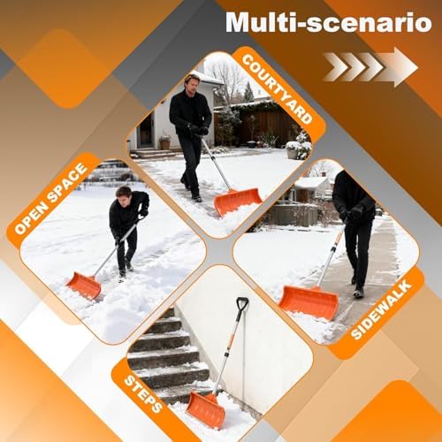 Snow Pusher, 24-inch Wide Snow Shovel for Driveway, Snow Removal Tool for Car Garage, Sidewalks and Doorways, Snow Pusher Shovel with Ergonomic Grip and Aluminum Strip, Orange