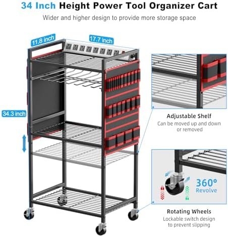 JUNNUJ Power Tool Organizer Cart with Charging Station, 10 FT Cord, Red