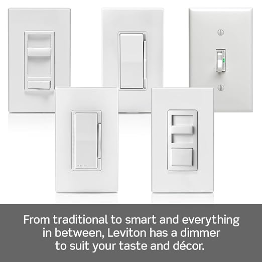 Leviton Decora Slide Dimmer Switch for Dimmable LED, Halogen and Incandescent Bulbs, DSL06-1LZ, White with Ivory and Light Almond Faceplates (Pack of 10)