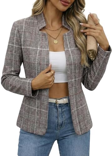 Mina Self 2026 Fall Women's Open Front Tweed Blazer,Plaid Fitted Jacket