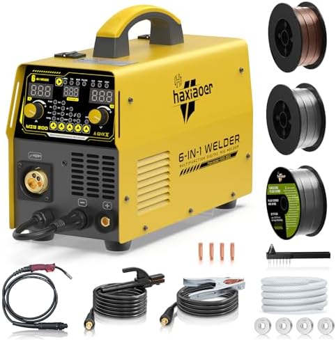 MIG Welder, 200A Welding Machine 110/220V,6-in-1 Flux Core MIG/Gas MIG/Single Pulse MIG/Lift TIG/Stick /2T 4T Spot Multiprocess Welder with Synergy
