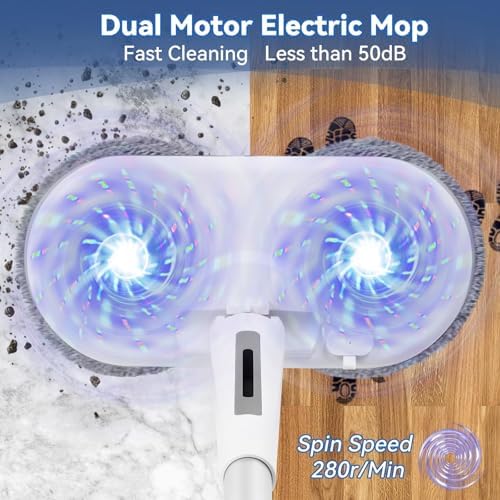 Cordless Electric Mop, Electric Spin Mop with LED Headlight and Water Spray,60 Mins Spin Power Scrubber Mops for Floor Cleaning,2000mAh Battery,350ml Water Tank,Standing Storage,Light Weight