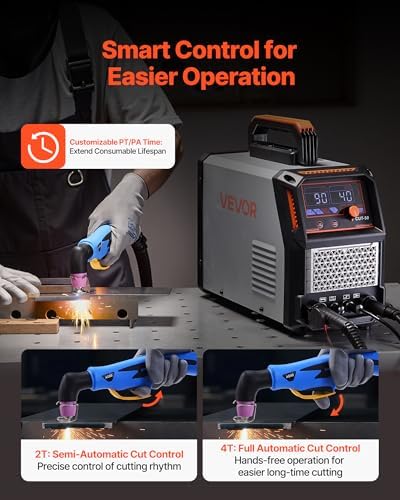 VEVOR Plasma Cutter, 50A Non-Touch Pilot Arc Plasma Cutting Machine, 110V/220V Dual Voltage Digital Display IGBT Inverter - with 2T/4T Function & Adjustable PA/PT Time for Home Repairs, Workshops
