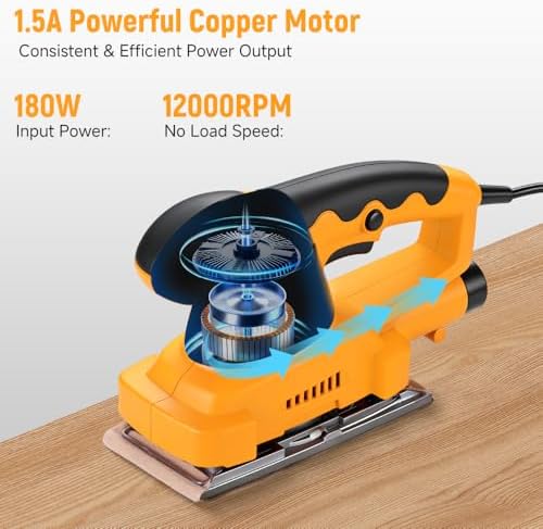 Hoteche 180W Sheet Sander, 187x90mm Aluminum Base, 12000RPM, with Dust Collection Tube & Accessories for Woodworking