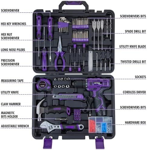 CARTMAN Purple 198-Piece 12V Cordless Drill Tool Combo Set