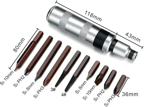 1/2" Hand Manual Reversible Impact Driver Set Extractor-12 PCS Impact Screwdriver S2 Steel Much More Durable Disengage Rusted Fasteners (Long Impact Screwdriver)