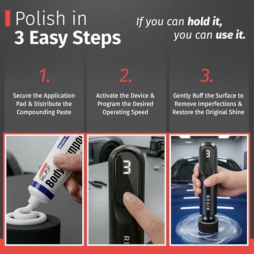RIVEN Cordless Car Polisher Buffer Kit, Adjustable 3 Speeds - 2Pcs 12V Rechargeable Battery, 3inch Orbital and Rotary Fast Polisher for Car Detailing, Waxing, Paint Correction Car & RV Polisher