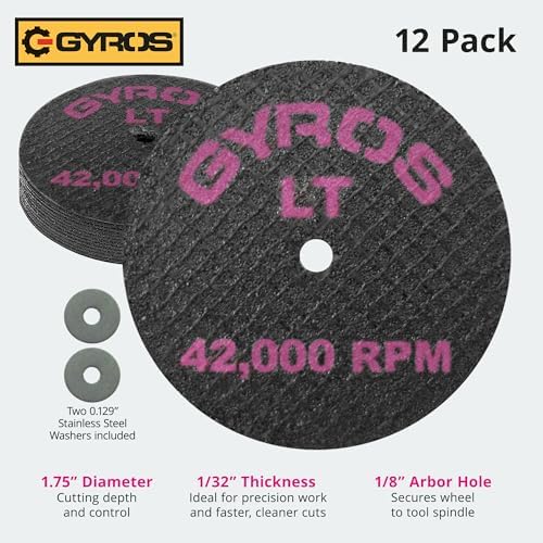 GYROS Cut-Off Wheels for Rotary Tools – 1.75” Low-Tensile Fiberglass Reinforced, 12-Pack | Cuts Wood, Plastic, Stone, Ceramic, Aluminum, Copper, Brass | Made in USA 11-21702/12