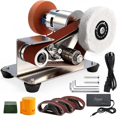 3-in-1 Mini Belt Sander with 20 Sanding Belts, 15° Angle Knife Sharpener and Variable Speed Grinder for Woodworking, Metal Polishing, DIY and Jewelry Making