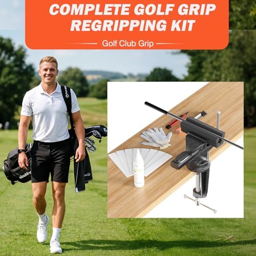 Golf Club Regripping Kit with Bench Vise – Complete Grip Repair & Replacement Set with Rubber Clamp, Solvent, Tape Strips & Tools for Golf Club Grip Installation, Home & Workshop DIY