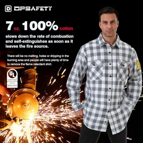 FR Shirts for Men 7oz Fire Resistant Shirts CAT2 Welding Shirt 101% Cotton Flame Resistant Shirt Grey/Plaid(4X-Large)