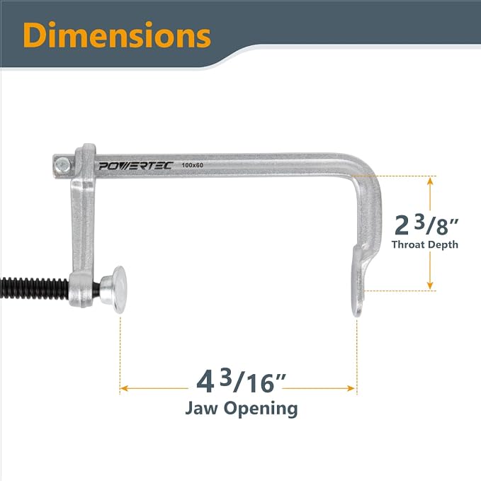 POWERTEC 71598-P2 4 Inch Heavy Duty F Clamp, 4-3/16 Inch x 2-3/8" Inch Throat F Style Bar Clamps for Woodworking, 480 lb Capacity each – 4 Pack