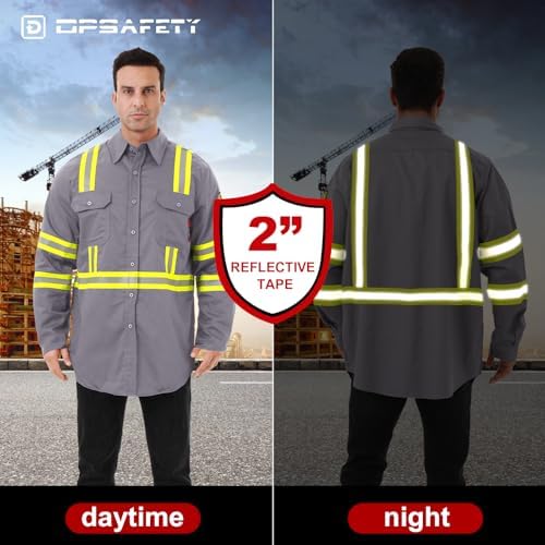 FR Shirts for Men 7oz High Visibility Fire Resistant Shirts CAT2 Welding Shirt 100% Cotton Hi Vis Flame Resistant Shirt Light Gray(4X-Large)