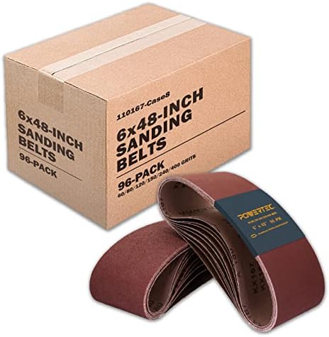 POWERTEC 110167 6 x 48 Inch Sanding Belts, 96PK,16 Each of 60/80/ 120/150/240/400 Grits, Aluminum Oxide Belt Sander Sanding Belt Assortment for Bench Belt Sander, Wood & Paint Sanding, Metal Polishing