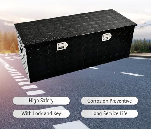 48 Inch Heavy Duty Aluminum Truck Tool Box Pick Up Truck Bed RV Trailer Toolbox Storage Organizer with Side Handle, Lock & Keys，Black,5 Bar Tread 48"(L) X19.5''(W) X17.5(H) Storage Box