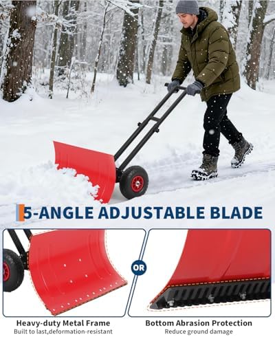 Garvee Snow Shovel with Wheels, 5-Position Angled Blade & Rubber Wheels, Heavy-Duty Back Saver Steel Snow Plow for Driveways, Sidewalks & Doorways, Double Rod, 29" W X 16.5" H, Red & Black